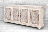 Indian Hand Carved Solid Wood 4 Door Sideboard Whitewash 14